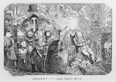 Tammikuu, viime vuoden laskut (kaiverrus) tekijältä George Cruikshank