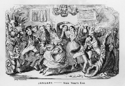 Tammikuu, uudenvuodenaatto (kaiverrus) tekijältä George Cruikshank