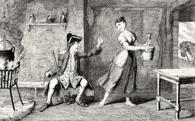 Jeannie Deans isänsä mökissä, piirros Sir Walter Scottin (1771-1832) teoksesta The Heart of Midlothian, julkaistu 1843 tekijältä George Cruikshank