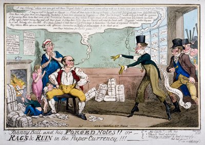 "Johnny Bull ja hänen väärennetyt muistiinpanot!!!", 1819. tekijältä George Cruikshank