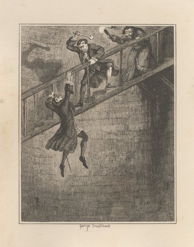 Jonathan Wild syöksee Sir Rowland Trenchardin kaivonkuiluun tekijältä George Cruikshank