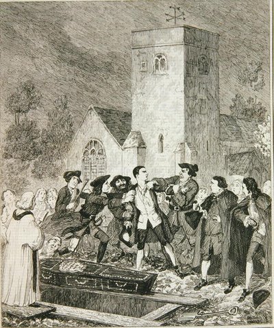 Jonathan Wild vangitsee Jackin äitinsä hautajaisissa Willesden Churchyardissa, kuvitus William Harrison Ainsworthin julkaisusta "Jack Sheppard: A Romance", julkaistu 1839 (etsaus) tekijältä George Cruikshank