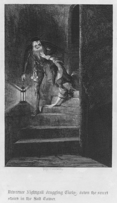 Lawrence Nightgall vetää Cicelyä alas Salt Towerin salaisia portaita (kaiverrus) tekijältä George Cruikshank