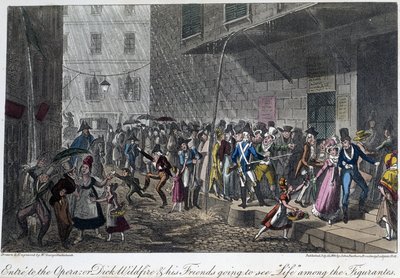 Pariisin oopperan sisäänkäynti - David Careyn "Elämä Pariisissa" -kirjassa, ill. kirjoittanut Georges Cruikshank, toim. Faiburn, Lontoo tekijältä George Cruikshank