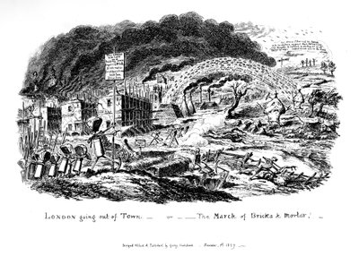 Lontoo poistuu kaupungista – tai The March of Bricks and Mortar, 1829 tekijältä George Cruikshank