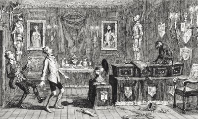 MacCallum ja Hutcheon, piirros Sir Walter Scottin (1771-1832) "Redgauntletista", julkaistu 1843 tekijältä George Cruikshank