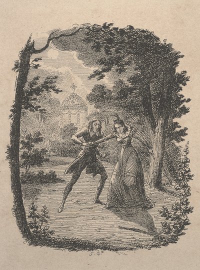 Mies ja nainen puutarhassa (etsaus) tekijältä George Cruikshank