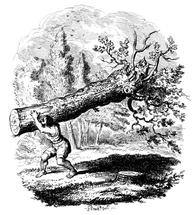 Mies kantaa suurta puunrunkoa olkapäällään, 1800-luku. tekijältä George Cruikshank