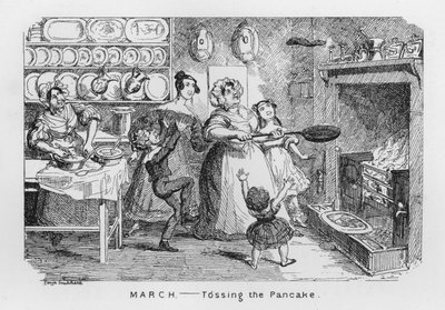 Maaliskuu, Pannukakun heittäminen (kaiverrus) tekijältä George Cruikshank