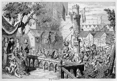 Naamio Lontoon Towerin palatsin puutarhassa, 1840. tekijältä George Cruikshank