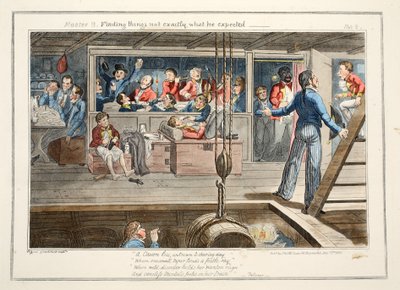 Mestari B, löytää asioita, jotka eivät ole aivan sitä, mitä hän odotti, pub. 1835 (käsin väritetty kaiverrus). tekijältä George Cruikshank