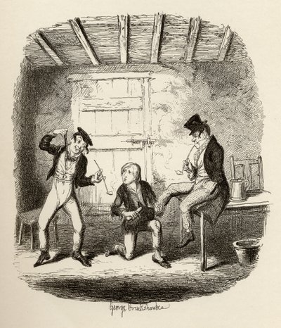 Mestari Bates selittää ammattitekniikan, Charles Dickensin (1812-70) 1838 kirjasta "Oliver Twistin seikkailut", Chapman und Hall, 1901. tekijältä George Cruikshank