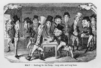 Toukokuu, tyytyminen derbyyn, pitkät kertoimet ja pitkät kasvot (kaiverrus) tekijältä George Cruikshank