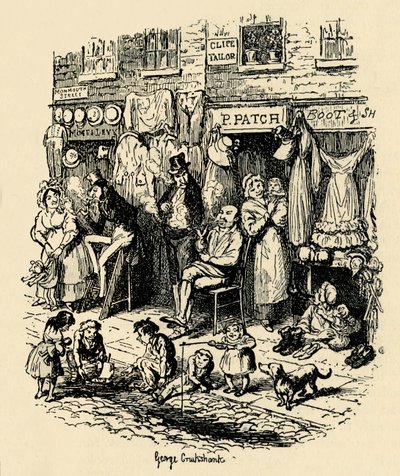 Monmouth Street, Soho, G. Cruikshankin kuvitus Bozin Dickens Sketchesille. , 1938 tekijältä George Cruikshank
