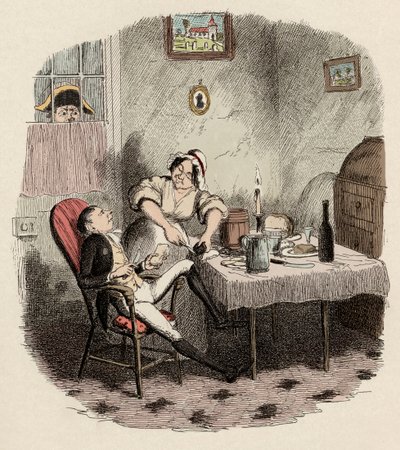 Monsieur Bumble tarkkailee Noe Claypolea ja Charlottea – herra Claypolea sellaisena kuin hän esiintyi, kun hänen isäntänsä oli poissa – Kuvitus "" Oliver Twist"" (Olivier) (Oliver Twistin seikkailut), kirjoittanut Charles Dickens (1812-1870), kirjoittanut  tekijältä George Cruikshank
