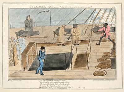 Herra B keskimmäisellä vahdilla - tuuli puhaltaa kylmää ja sateet tulevat, teoksesta The Progress of a Midshipman, julkaisu 1835 (käsin väritetty kaiverrus). tekijältä George Cruikshank