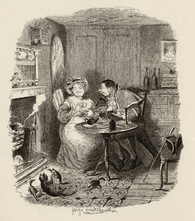 Herra Bumble ja rouva Corney juomassa teetä Charles Dickensin (1812-70) julkaisusta "Oliver Twistin seikkailut" 1838, julkaisija Chapman und Hall, 1901 tekijältä George Cruikshank