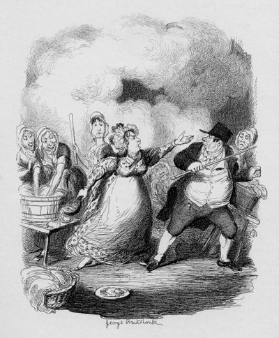Herra Bumble huonontunut köyhien silmissä, Charles Dickensin (1812-70) "Oliver Twistin seikkailuista" 1838, julkaisija Chapman und Hall, 1901 tekijältä George Cruikshank