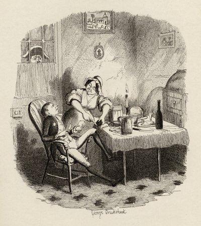 Mr Claypole sellaisena kuin hän esiintyi, kun hänen isäntänsä oli ulkona, Charles Dickensin (1812-70) "Oliver Twistin seikkailuista" 1838, julkaisija Chapman und Hall, 1901 tekijältä George Cruikshank