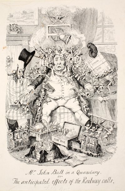 Herra John Bull pulassa tai rautatiepuhelujen ennakoidut vaikutukset, pub. 1845 tekijältä George Cruikshank