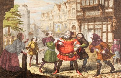 Rouva Quickly on pidättänyt Sir John Falstaffin Lontoossa 1890 julkaistun The Illustrated Library Shakespearen Henry IV:n osassa 2 tekijältä George Cruikshank