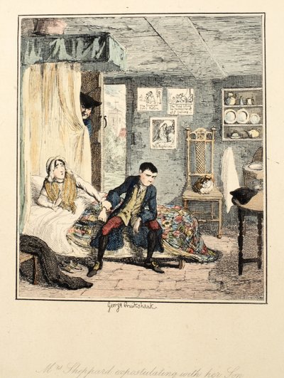 Rouva Sheppard väittelee poikansa kanssa, kuvitus Jack Sheppardista: William Harrison Ainsworthin romanssi, julkaistu 1839 (käsinvärinen etsaus) tekijältä George Cruikshank