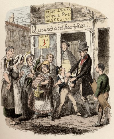 Nancy ja Sikes kidnappaavat Oliverin kaduilla - Oliver väittää hänen kiintyneiden ystäviensä mukaan - Kuvitus "" Oliver Twist"" (Olivier) (Oliver Twistin seikkailut), Charles Dickens (1812-1870), George Cruikshank (1792-1878) ) . tekijältä George Cruikshank