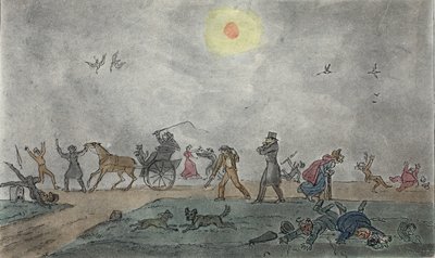 Marraskuu - (Vanha tyyli) - Leiju sumun ja likaisen ilman läpi, pubi. 1835 (käsinvärinen kaiverrus) tekijältä George Cruikshank