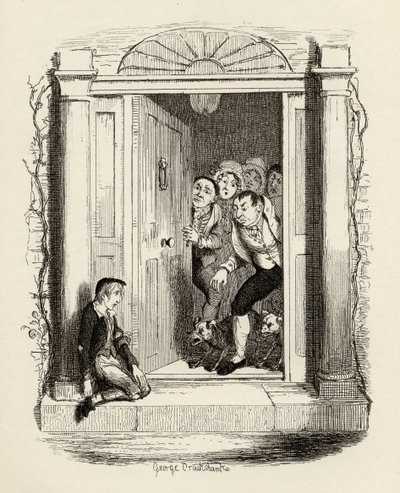 Oliver Twist rouva Maylien ovella, Charles Dickensin (1812-70) teoksesta Oliver Twistin seikkailut 1838, Chapman und Hall, 1901 tekijältä George Cruikshank