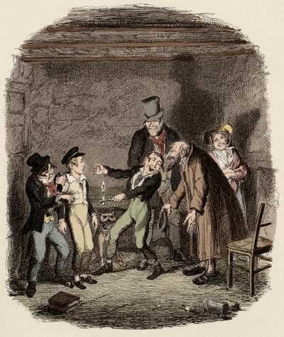 Oliver Twistin vastaanotti vanha Fagin ja hänen tiiminsä - Oliverin vastaanotto Faginilta ja pojilta - Kuvitus "" Oliver Twist"" (Olivier) (Oliver Twistin seikkailut), Charles Dickens (1812-1870), George Cruikshank (1792) -1878). tekijältä George Cruikshank
