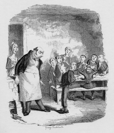 Oliver pyytää lisää, Charles Dickensin (1812-70) kirjasta "Oliver Twistin seikkailut" 1838, julkaisija Chapman und Hall, 1901 tekijältä George Cruikshank
