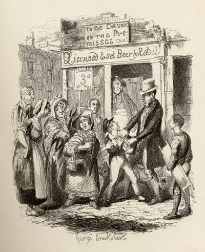 Oliver väittää hänen rakastavien ystäviensä mukaan Charles Dickensin (1812-70) julkaisusta Oliver Twistin seikkailut 1838, Chapman und Hall, 1901 tekijältä George Cruikshank