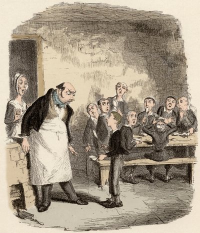 Oliver on suunniteltu pyytämään lisäruokaa nuorten lasten sairaalan valvojalta - Oliver pyytää lisää - Kuvitus "" Oliver Twist"" (Olivier) (Oliver Twistin seikkailut), kirjoittanut Charles Dickens (1812-1870), kirjoittanut George Cruikshank (1792 tekijältä George Cruikshank