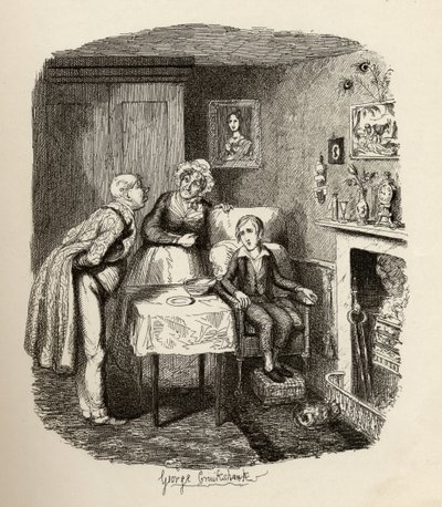Oliver toipumassa kuumeesta, Charles Dickensin (1812-70) julkaisusta "Oliver Twistin seikkailut" 1838, julkaisija Chapman und Hall, 1901 tekijältä George Cruikshank