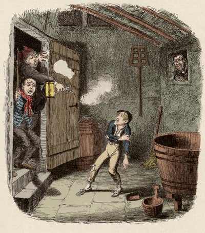Oliver yllättyi ja haavoittui murtoyrityksen aikana - Murto - Kuvitus "" Oliver Twist"" (Olivier) (Oliver Twistin seikkailut) Charles Dickens (1812-1870), George Cruikshank (1792-1878). tekijältä George Cruikshank
