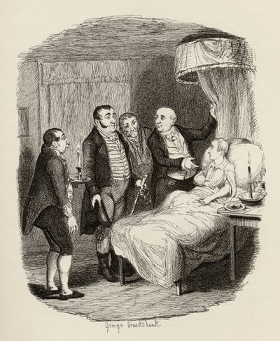 Oliveria odotti Bow Street Runners, Charles Dickensin (1812-70) teoksesta The Adventures of Oliver Twist 1838, Chapman und Hall, 1901 tekijältä George Cruikshank