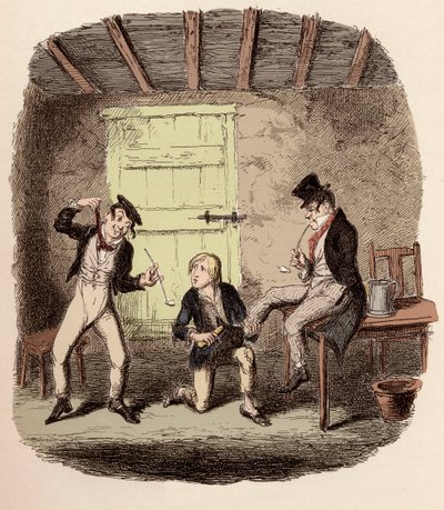 Oliver vahaa ketun kengät, kun taas Charley Bates selittää roikkumisen vaaroja - Mestari Bates selittää ammattitaidon - Kuvitus "Oliver Twist" (Olivier) (Oliver Twistin seikkailut), kirjoittanut Charles Dickens (1812-1870), kirjoittanut George Crui tekijältä George Cruikshank