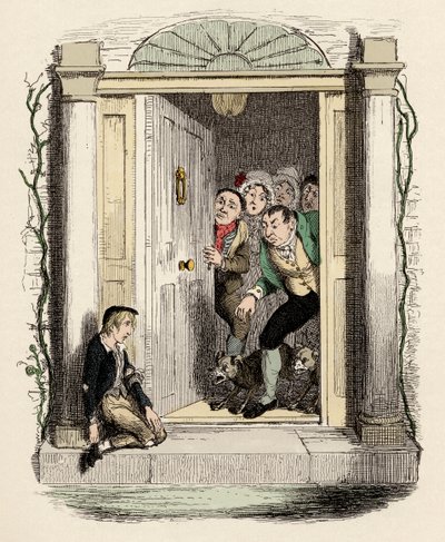 Oliverin haavat ja väsymys pyytää apua - Oliver Twist Mrs Mayliesin ovella - Kuvitus "" Oliver Twist"" (Olivier) (Oliver Twistin seikkailut), kirjoittanut Charles Dickens (1812-1870), kirjoittanut George Cruikshank (1792-1878) . tekijältä George Cruikshank