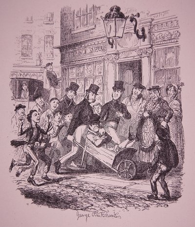 Poliisin kiinni ottama taskuvaras, 1800-luvun alku (kaiverrus). tekijältä George Cruikshank