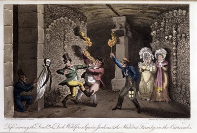 Promenade dans les katacombes - David Careyn "" Elämä Pariisissa" -kirjassa, ill. kirjoittanut George Cruikshank, toim. Fairburn, Lontoo tekijältä George Cruikshank