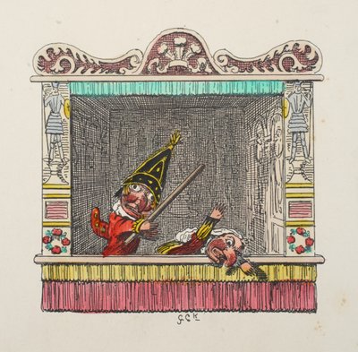 Punch ja Judy Punch and Judy -pubista. 1827 (käsinvärinen kaiverrus) tekijältä George Cruikshank