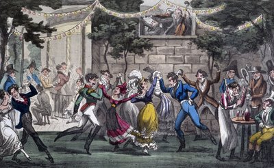 Quadrille Salon de Marsissa, Champs Elyséellä - David Careyn "" Life in Paris -kirjassa, Lontoo tekijältä George Cruikshank