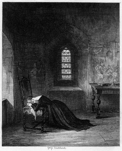 Kuningatar Jane vangittiin Brick Towerissa, Lontoon Towerissa, 1553-1554 1840. tekijältä George Cruikshank