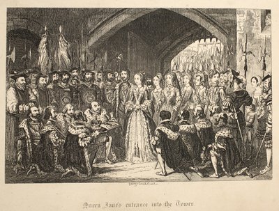Queen Janesin sisäänkäynti Toweriin, Lontoon Towerista, pubi. 1840 tekijältä George Cruikshank
