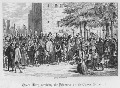 Kuningatar Mary vastaanottaa vankeja Tower Greenissä (kaiverrus) tekijältä George Cruikshank