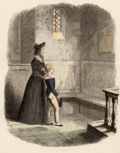 Rose Maylie ja Oliver Agnesin, heidän sisarensa ja äitinsä - Rose Maylien ja Oliverin - muistolaatan edessä - kuvitus Charles Dickensin (1812-1870) "" Oliver Twist"" (Olivier) (Oliver Twistin seikkailut) Kirjailija: George Cruikshank (179 tekijältä George Cruikshank