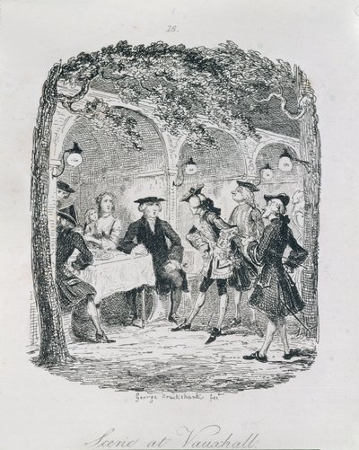 Kohtaus Vauxhallissa, "Amelia", taiteilijan kaiverrus, kuvitus teoksesta "The Works of Henry Fielding", pub. kirjoittanut Henry G. Bohn, 1853 tekijältä George Cruikshank