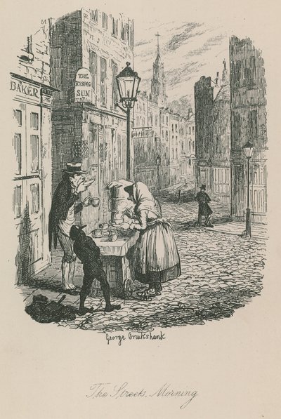 Lontoon elämän kohtaus: Kadut - aamu tekijältä George Cruikshank