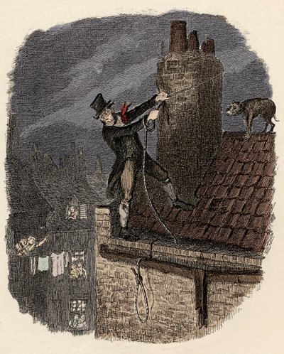 Sikes ja hänen koiransa yrittää paeta - Viimeinen mahdollisuus - Kuvitus "" Oliver Twist"" (Olivier) (Oliver Twistin seikkailut), Charles Dickens (1812-1870), George Cruikshank (1792-1878) . tekijältä George Cruikshank