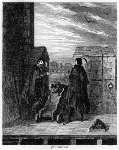 Simon Renard ja Winwike vartija Valkoisen tornin katolla, 1553 1840. tekijältä George Cruikshank